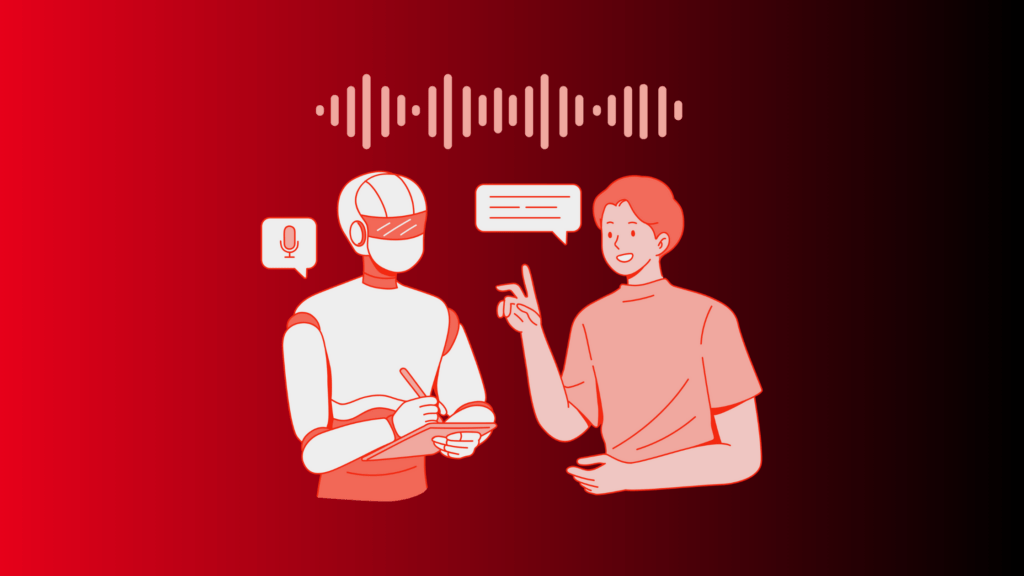 Man talking to a robot while the robot takes notes.